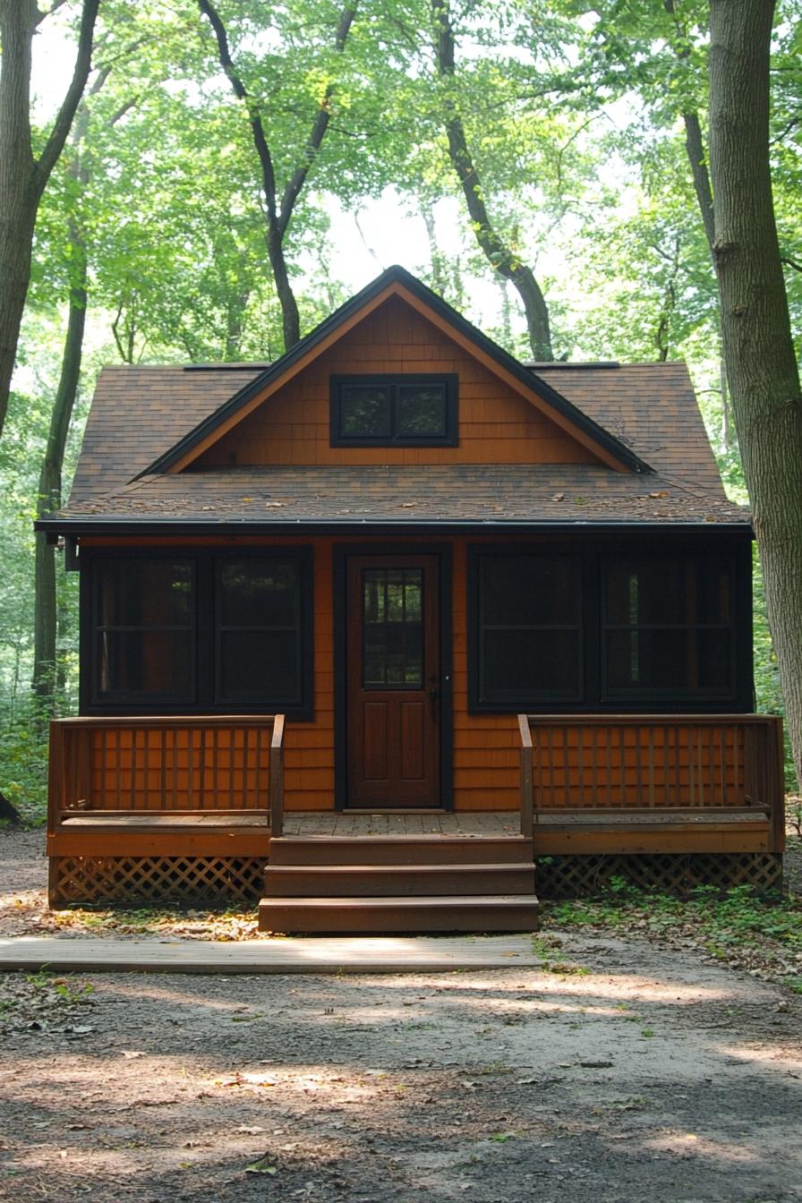 Small wooden cabin surrounded by trees