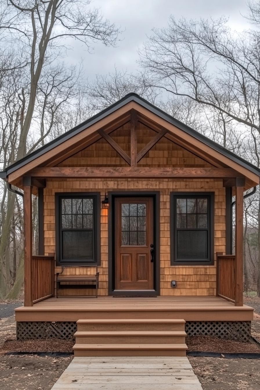 Small wooden cabin with front porch in the woods