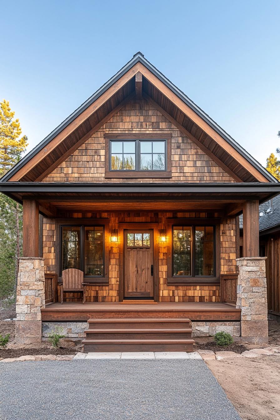 Wooden cabin with front porch in forest setting