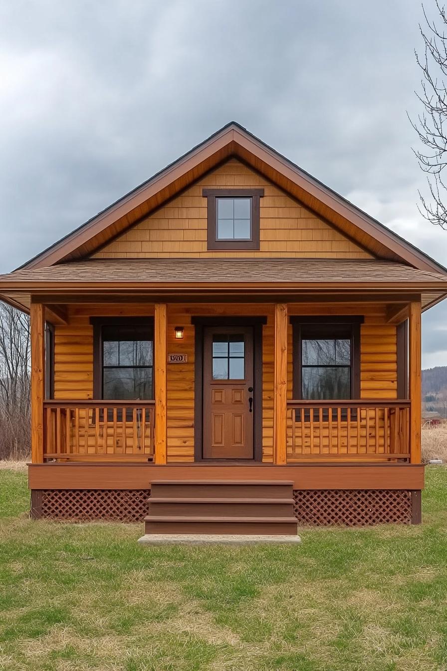 Small wooden cabin with front porch and gabled roof