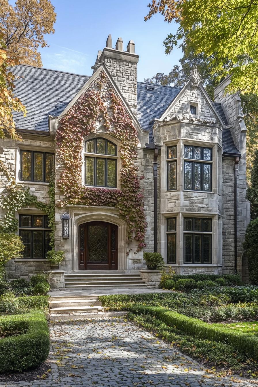 tudor style stone manor on woodlands facade with vines modern windows cobbleston yard 1