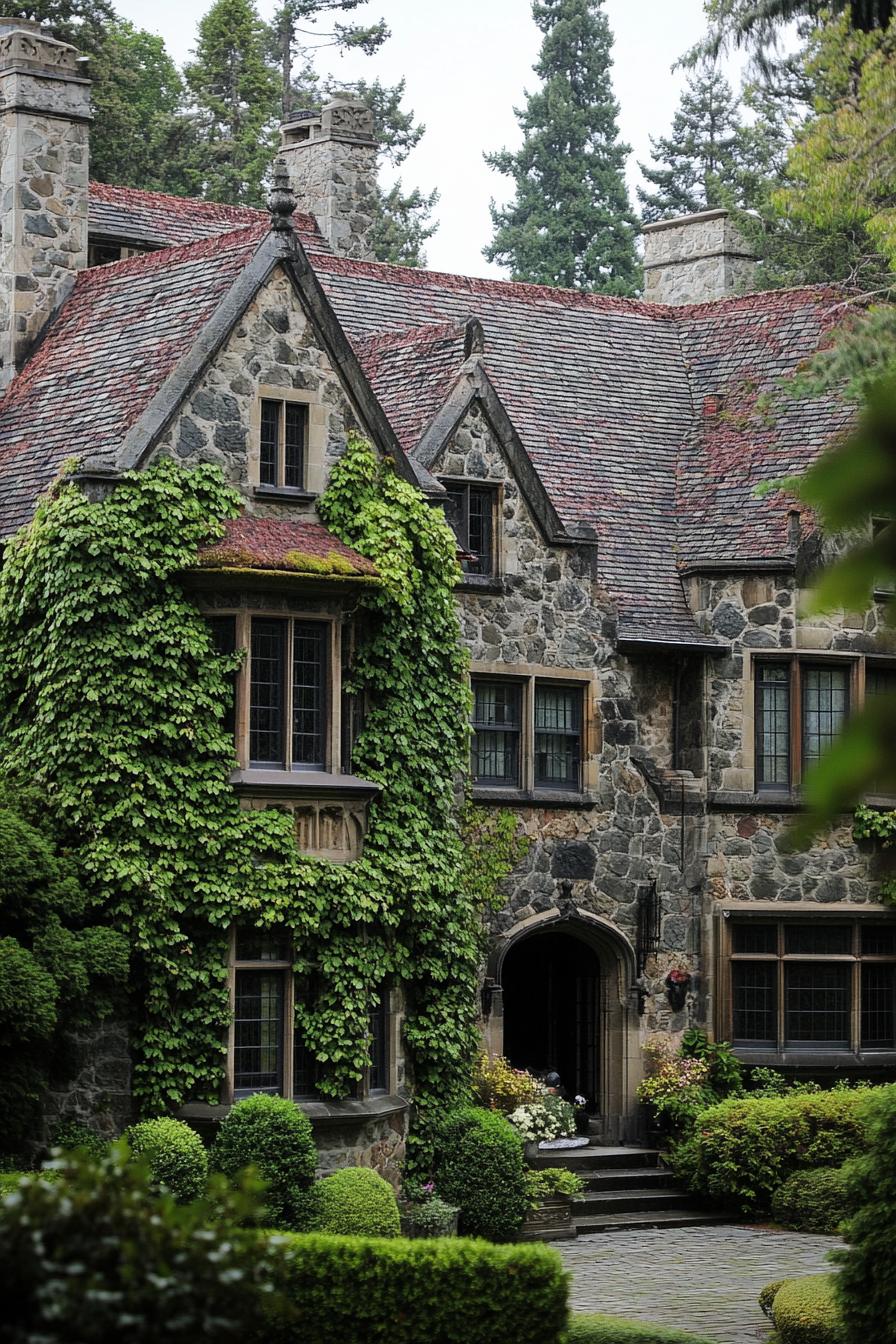 tudor style stone manor on woodlands facade with vines modern windows cobbleston yard 2