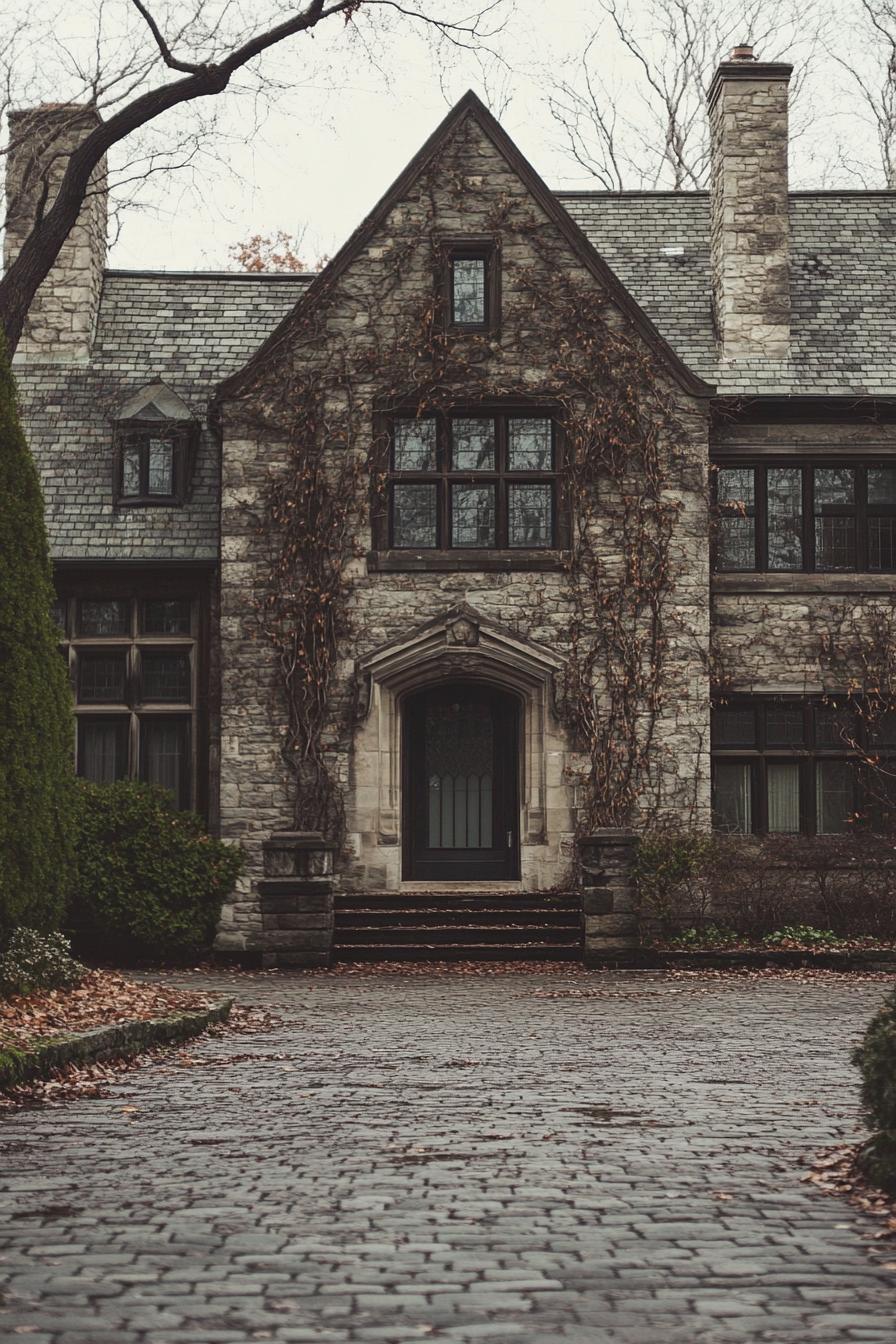 tudor style stone manor on woodlands facade with vines modern windows cobbleston yard 3