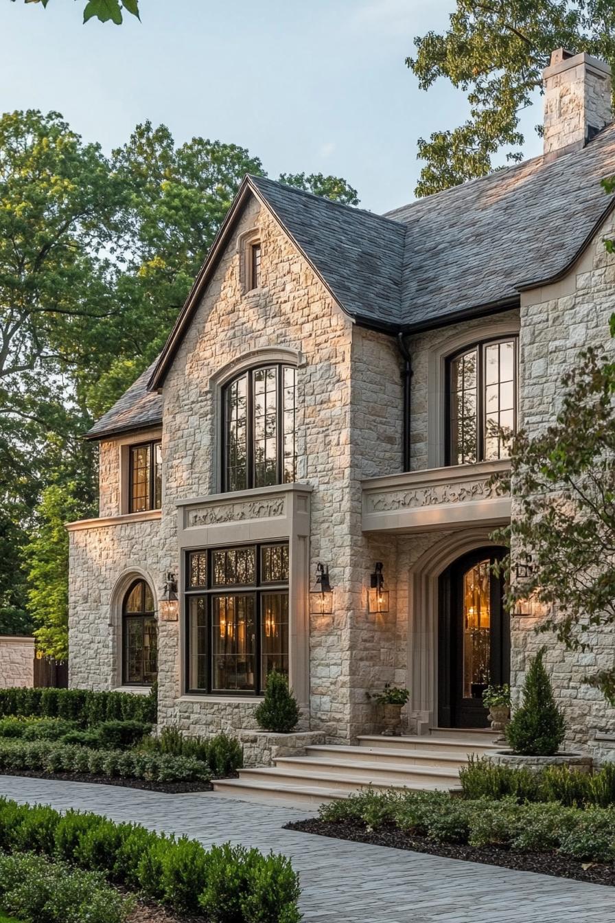 tudor style stone manor on woodlands facade with vines modern windows cobbleston yard