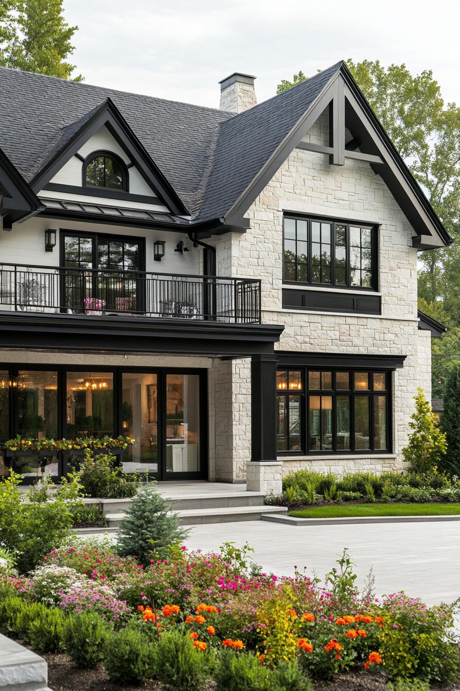 village house with stone and white stucco mixed facade large porch and balcony gabled multi pitch black shingle roof modern windows large paved 1