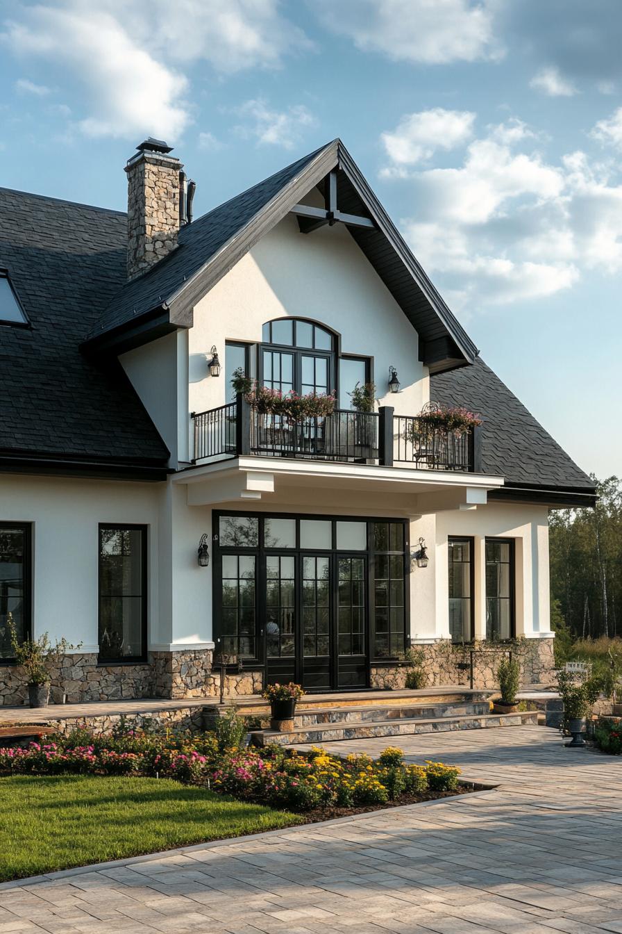 village house with stone and white stucco mixed facade large porch and balcony gabled multi pitch black shingle roof modern windows large paved 2