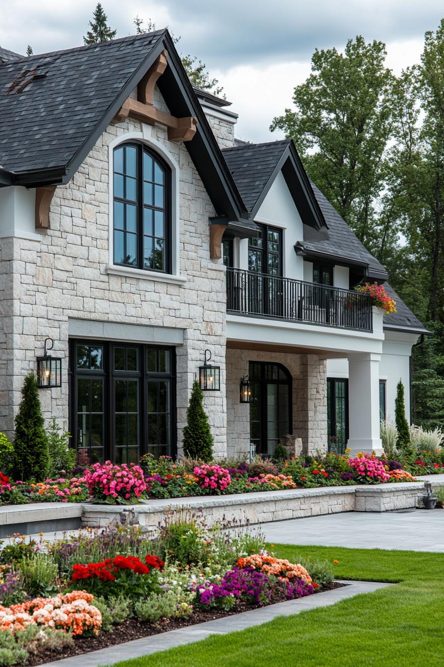 village house with stone and white stucco mixed facade large porch and balcony gabled multi pitch black shingle roof modern windows large paved 3