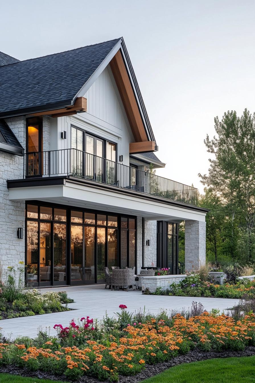 village house with stone and white stucco mixed facade large porch and balcony gabled multi pitch black shingle roof modern windows large paved