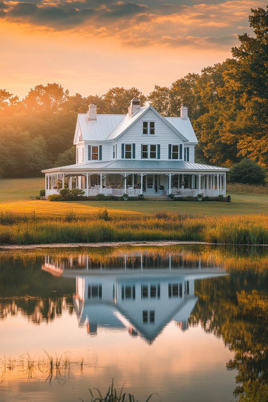 white farmhouse with large wraparound porch large pond with reflection of the house in front sunset scene scenic farmland landscape 1