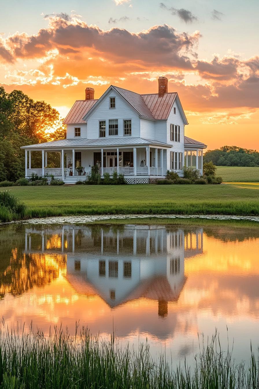 white farmhouse with large wraparound porch large pond with reflection of the house in front sunset scene scenic farmland landscape