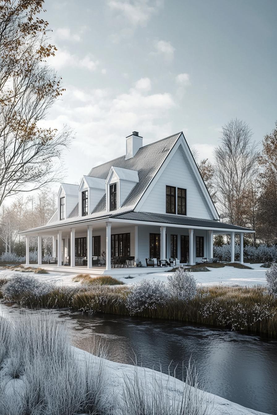 Traditional farmhouse with wraparound porch beside a tranquil stream