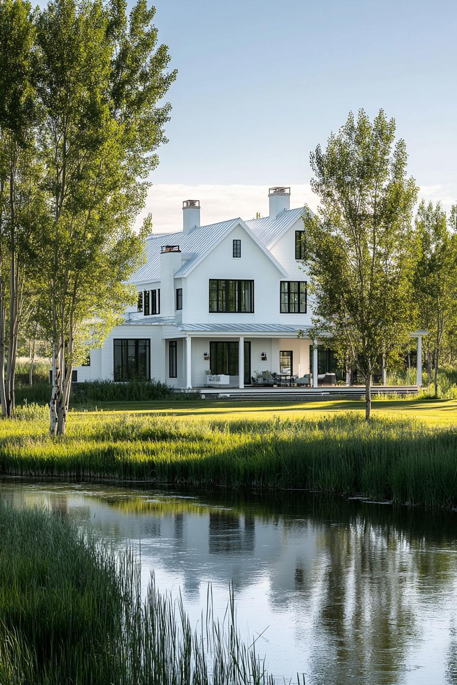 Elegant white mansion near a calm pond