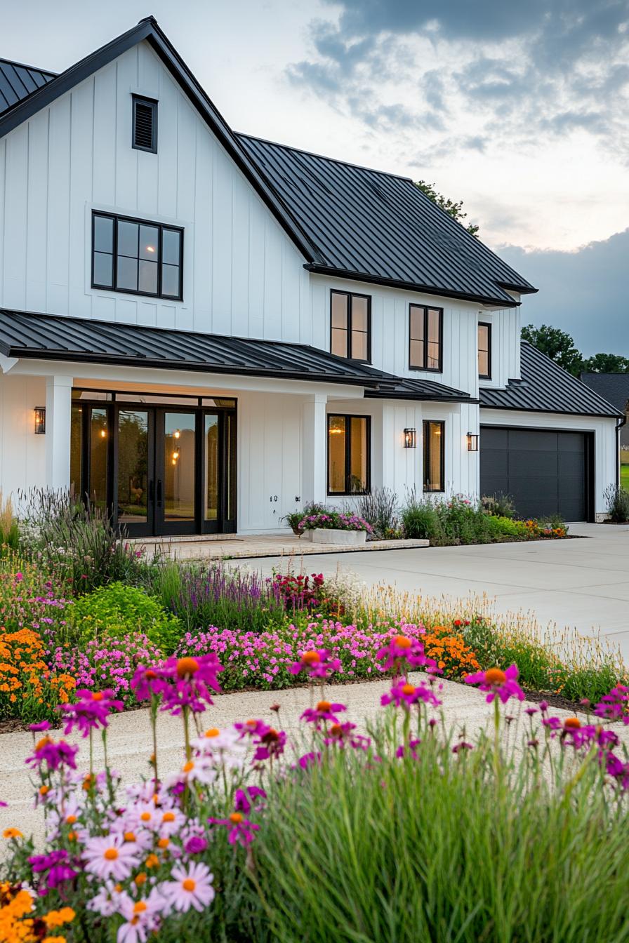 wide angle view of a large white shouse barndominium with black roof front porch garage doors and glass doors modern black windows front yard with