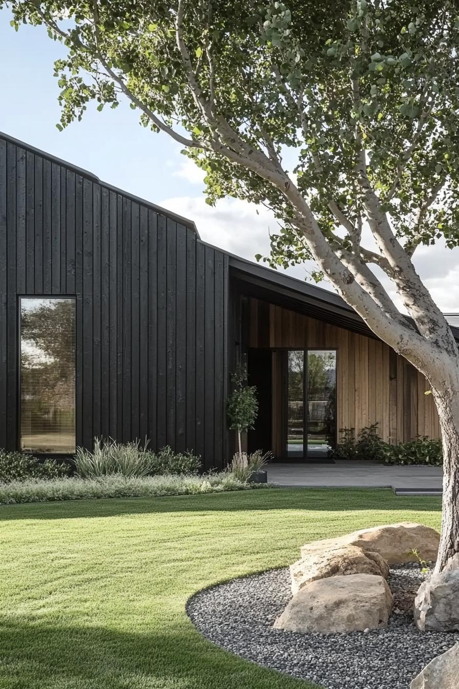 Modern barn house with lush lawn and tree