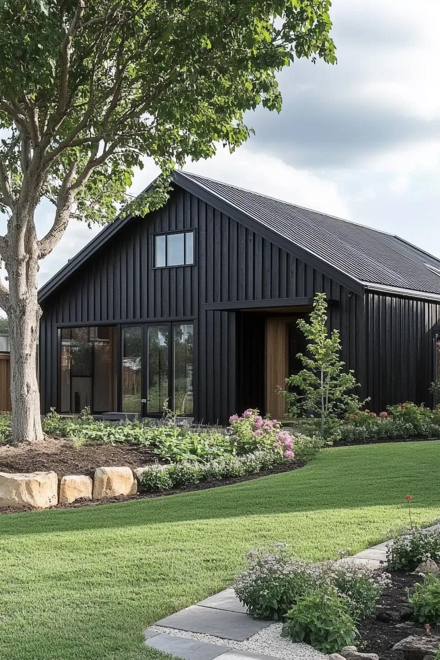 Modern black barn house with green lawn and garden