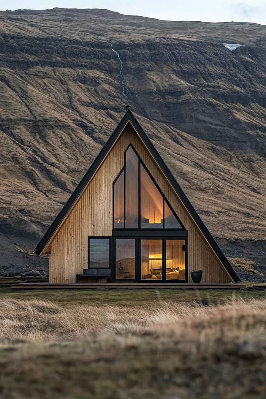 a frame house facade with light oak cladding stunning Icelandic landscape 1