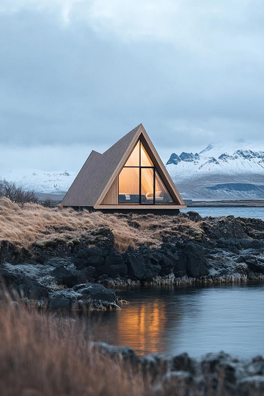 a frame house facade with light oak cladding stunning Icelandic landscape 2