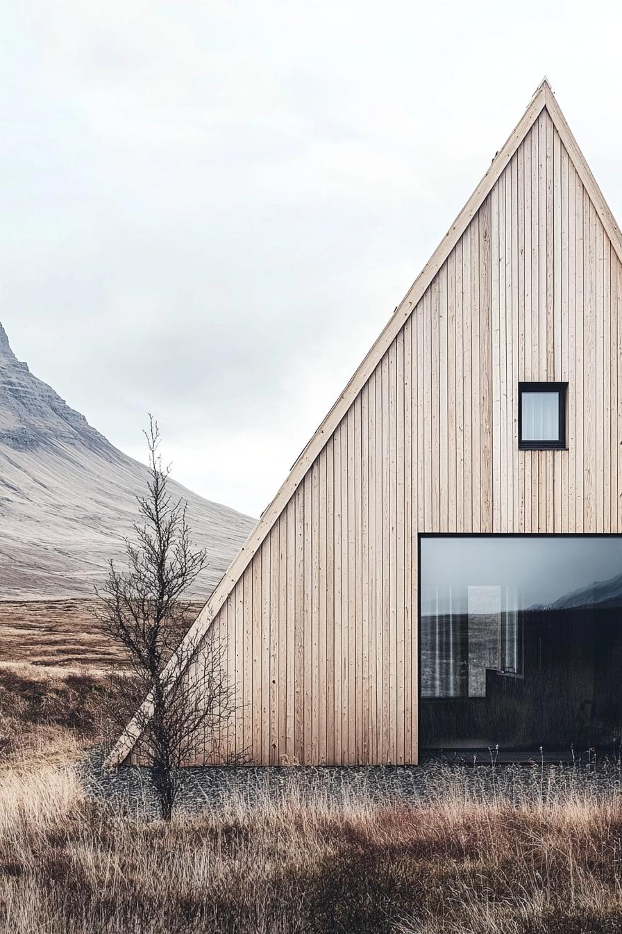 a frame house facade with light oak cladding stunning Icelandic landscape 3