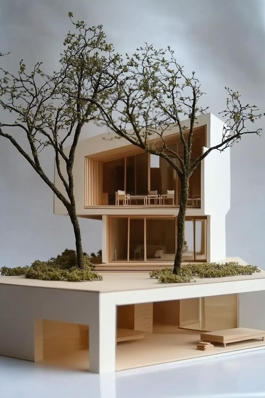 architecture model of a modern house geometric facade large deck built around a tree 1