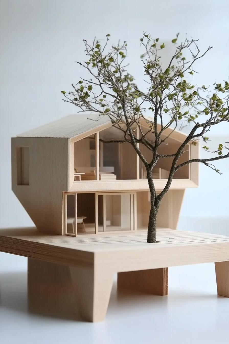 architecture model of a modern house geometric facade large deck built around a tree 2