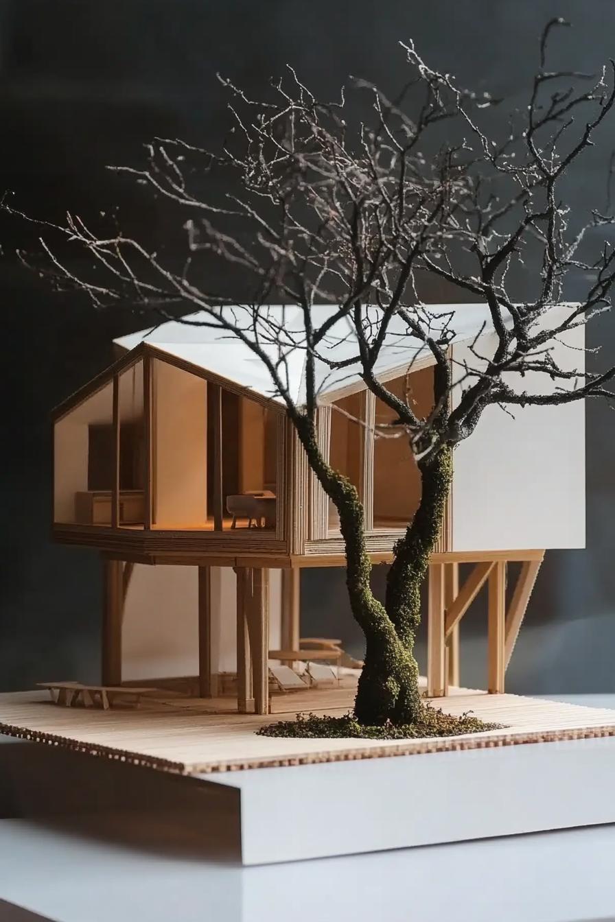 architecture model of a modern house geometric facade large deck built around a tree 3