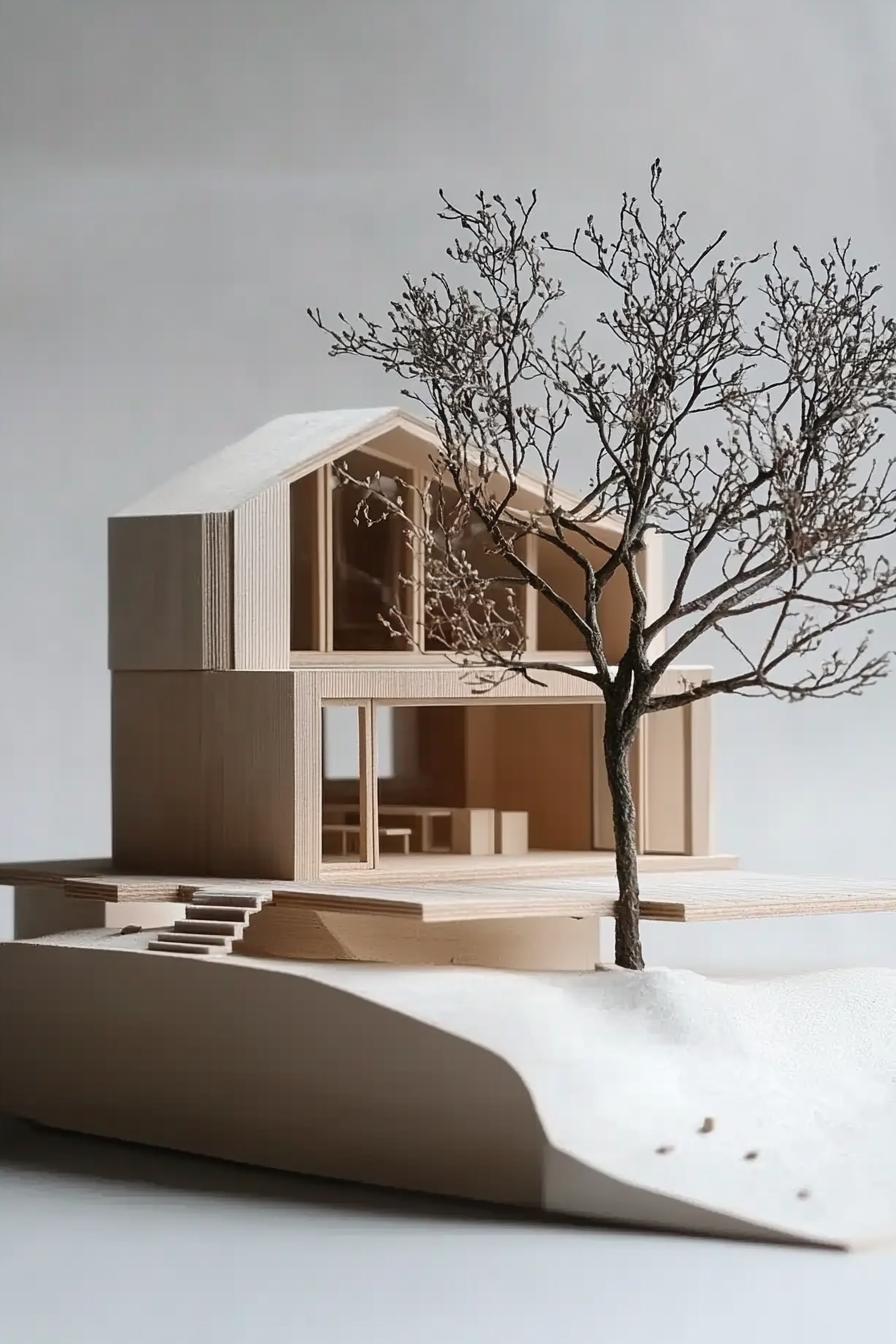 architecture model of a modern house geometric facade large deck built around a tree