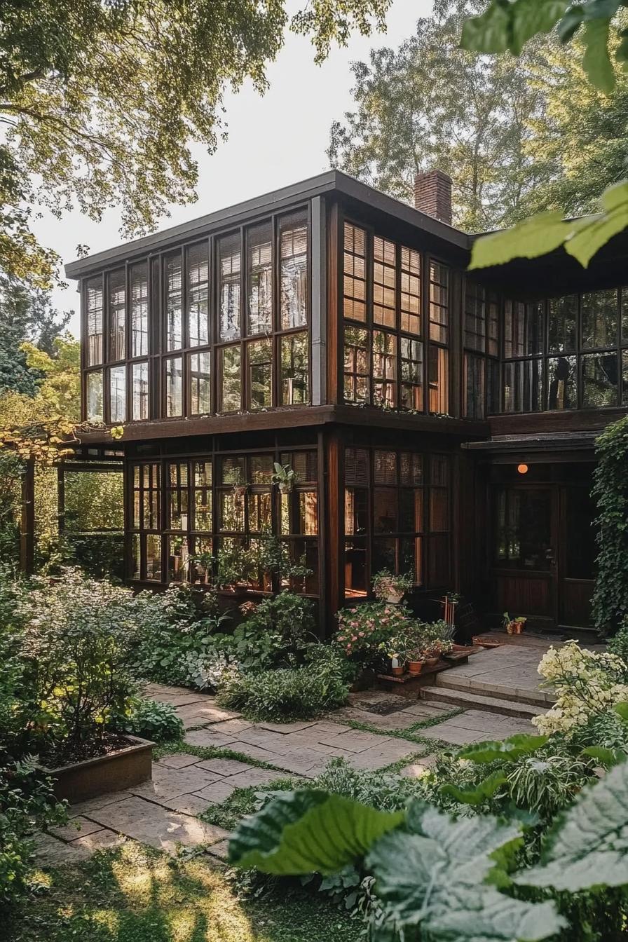 art deco style geometric wooden frame house with pergolas full wall windows lush front garden