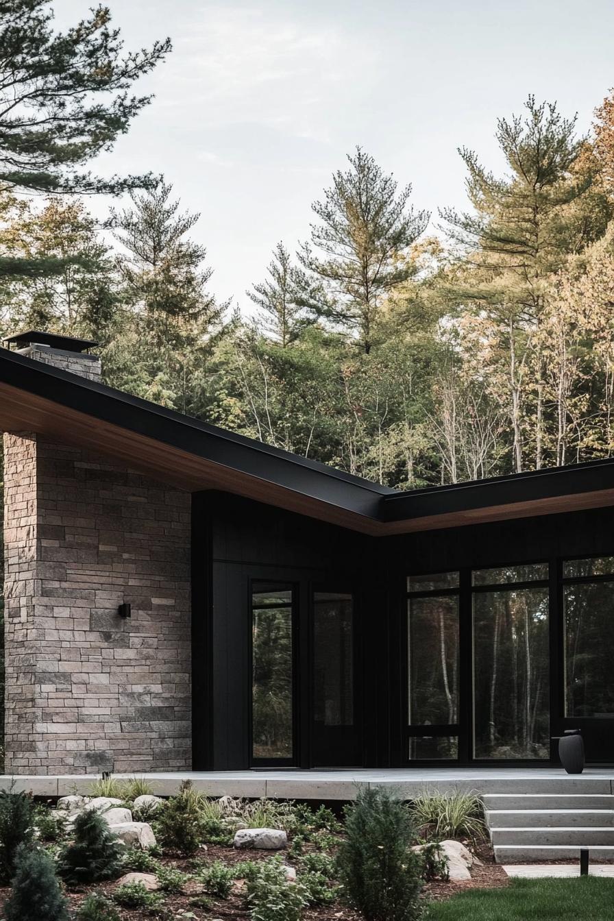 contemporary single story house exterior in dark stone and walnut wood siding black metal frame geometric roof modern windows concrete porch 1