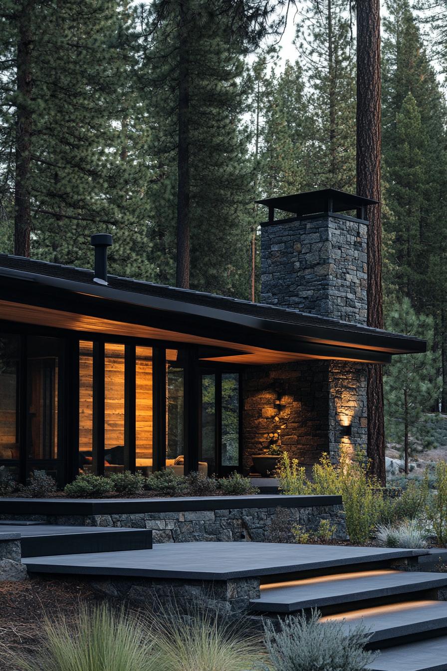 contemporary single story house exterior in dark stone and walnut wood siding black metal frame geometric roof modern windows concrete porch 3