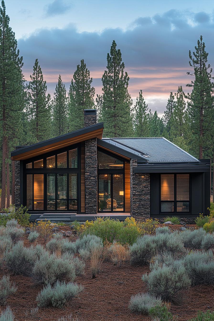 contemporary single story house exterior in dark stone and walnut wood siding black metal frame geometric roof modern windows concrete porch