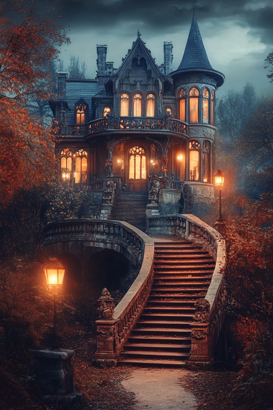 dark Vicotiran gothic mansion with large stairs vintage lamps ornate windows v 6.1