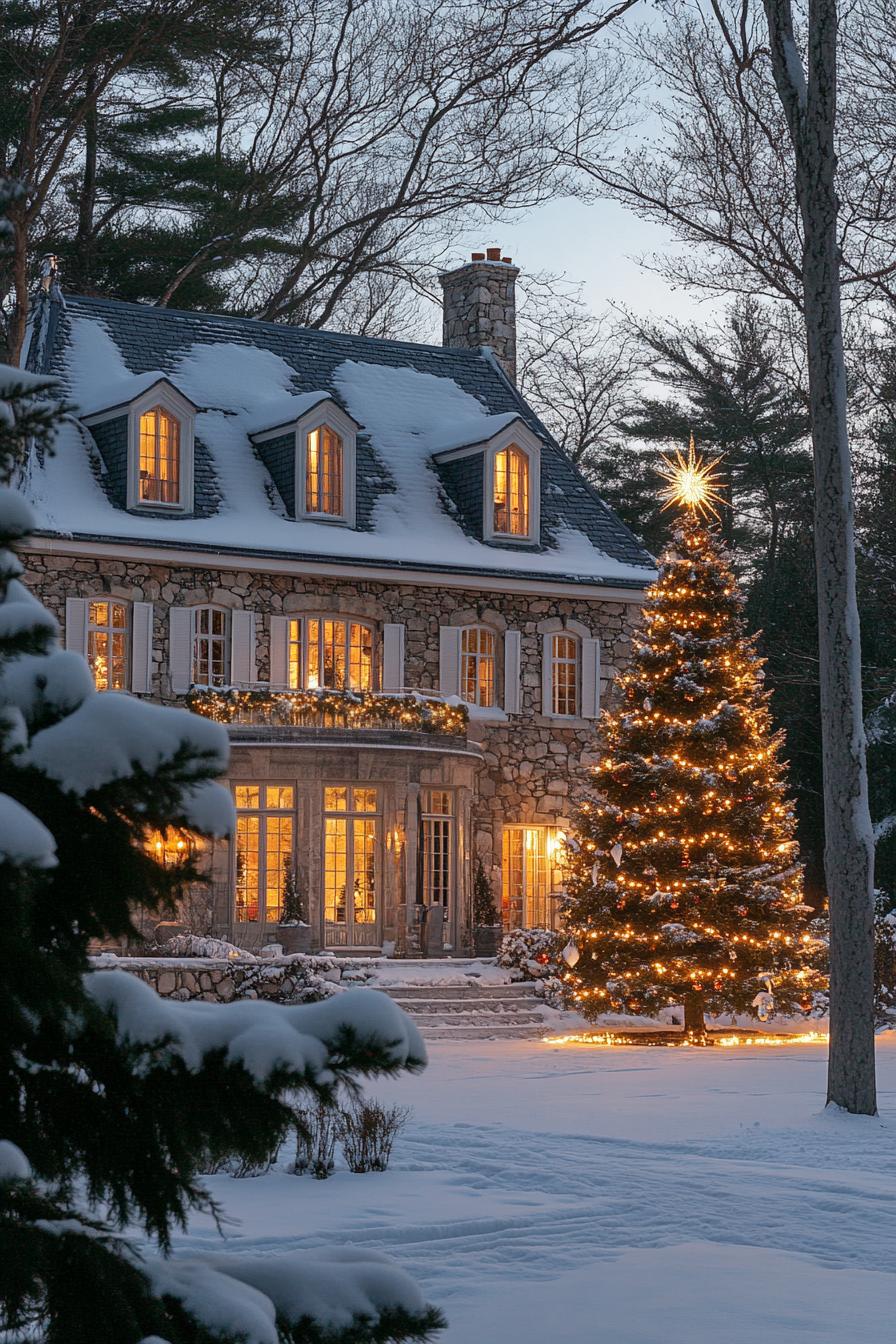 french manor with stone siding and white windows roof with gables and with snow light up letters above the entrance read MERRY CHRISTMAS v 6.1