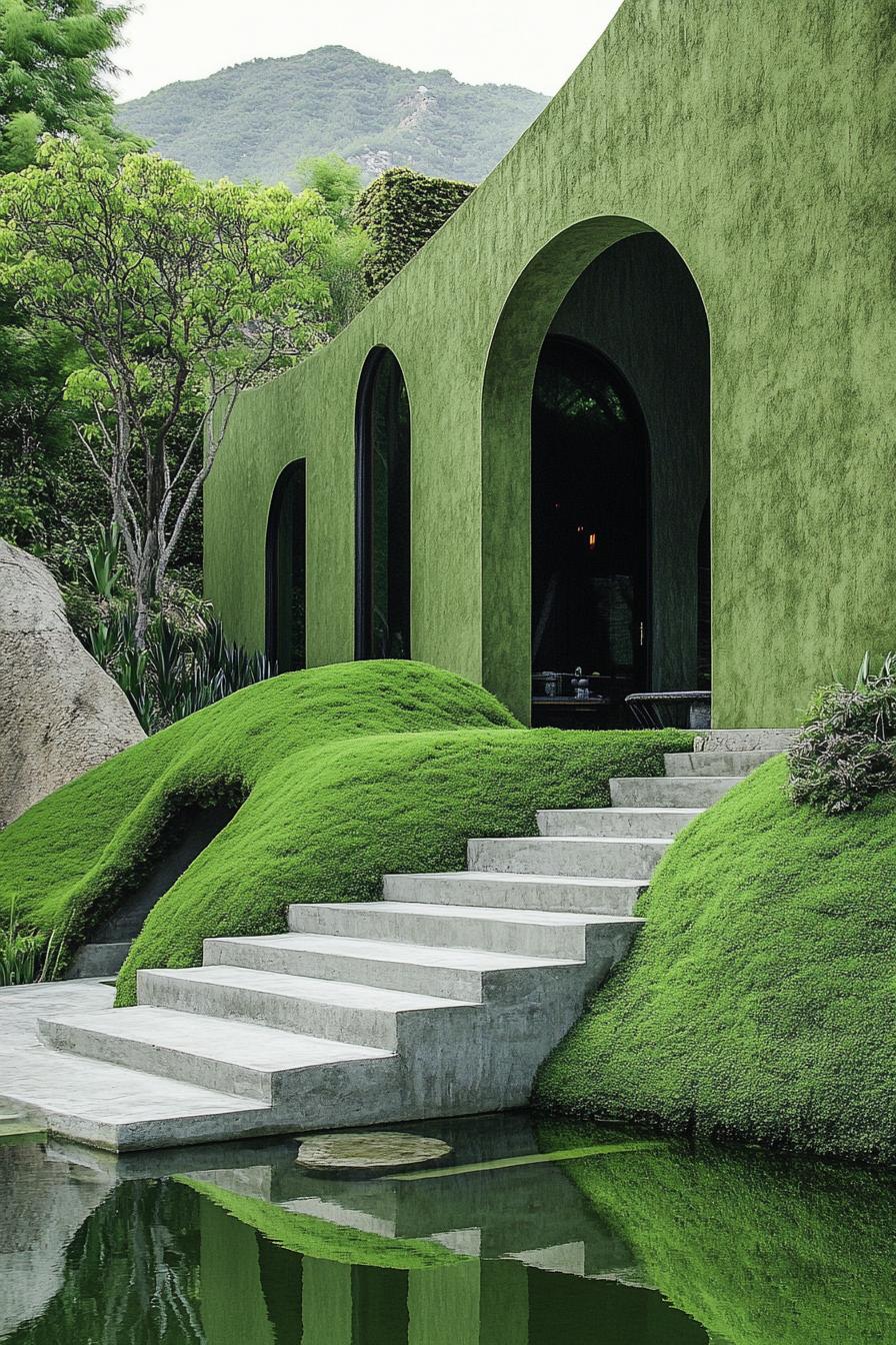 green zen yard with a pond green hilly landscape green rocks green concrete steps green color house wall with tall arched windows 1