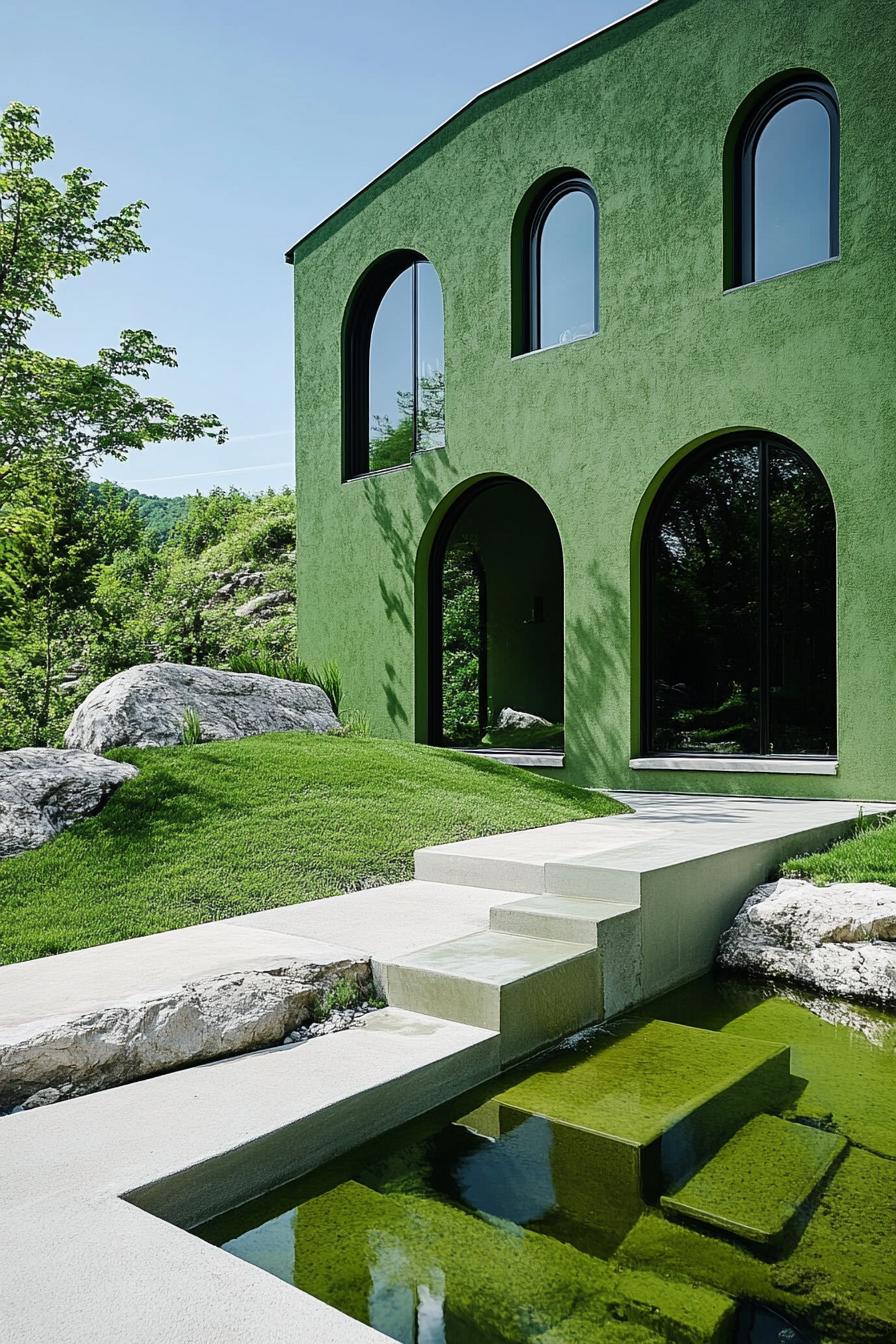 green zen yard with a pond green hilly landscape green rocks green concrete steps green color house wall with tall arched windows 2