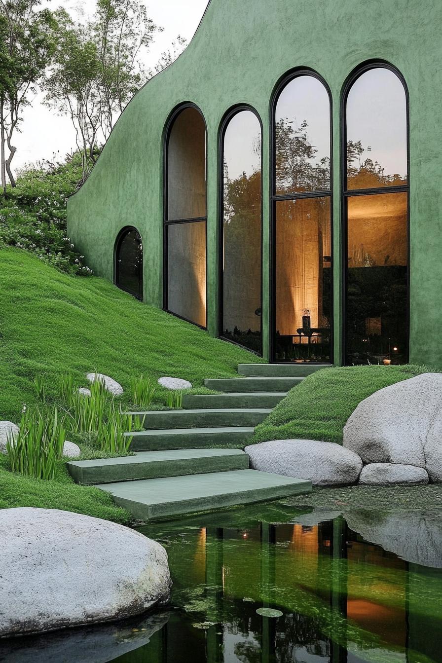 green zen yard with a pond green hilly landscape green rocks green concrete steps green color house wall with tall arched windows 3