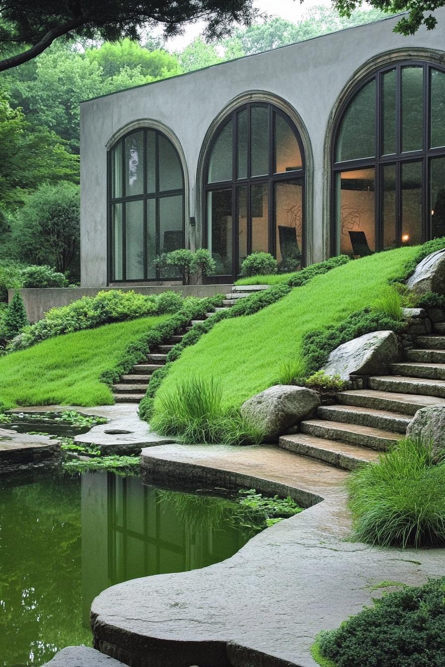 green zen yard with a pond green hilly landscape green rocks green concrete steps green color house wall with tall arched windows