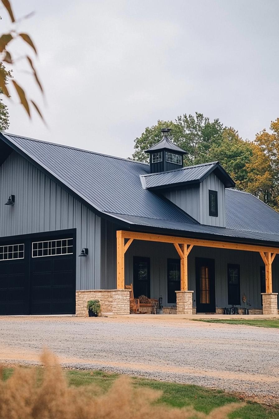 grey shouse barndominium with black roof exposed cedar beams 1