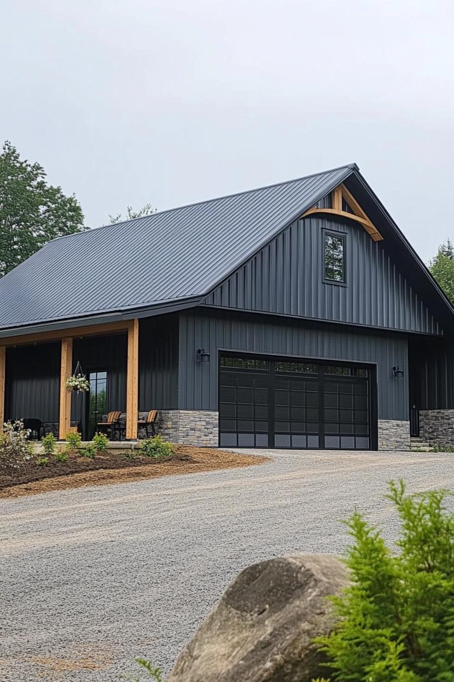 grey shouse barndominium with black roof exposed cedar beams