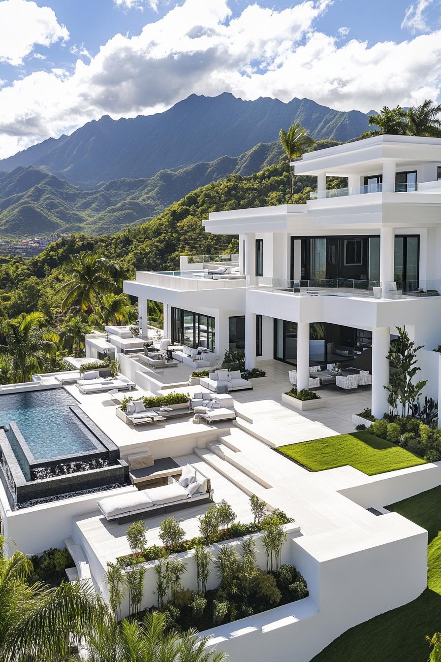 high angle view of a modern luxury white mansion with cascading terraces with pools poolside furniture landscaping with grass shrubs and small