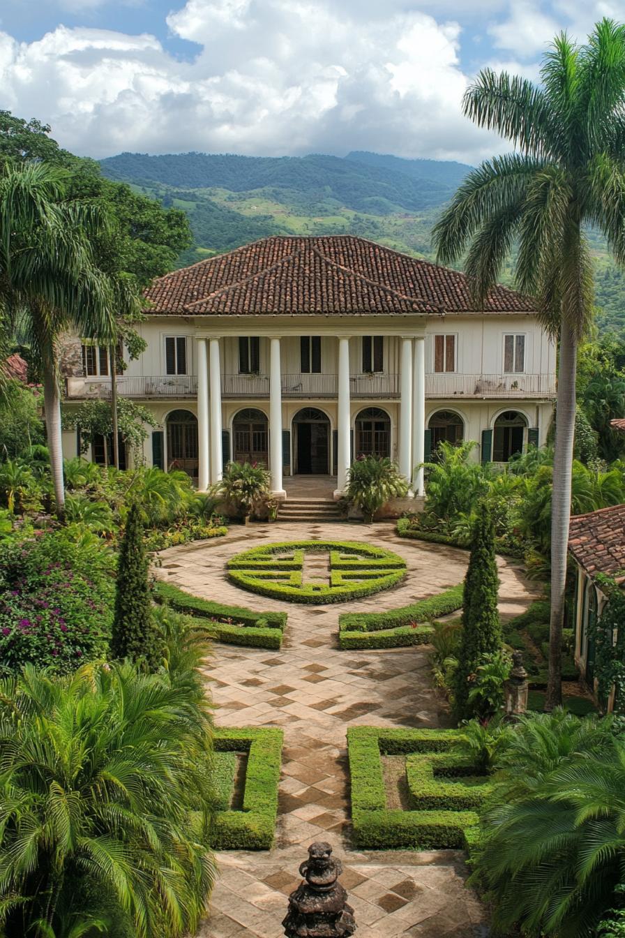 high angle view of colonial style manor facade with columns large front garden with geometric shrubs tall palms and paven paths stunning tropical 1