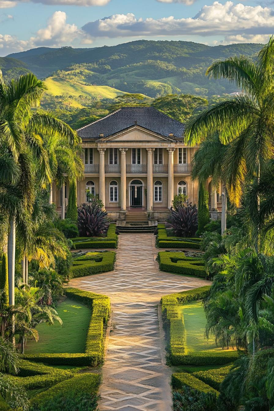 high angle view of colonial style manor facade with columns large front garden with geometric shrubs tall palms and paven paths stunning tropical