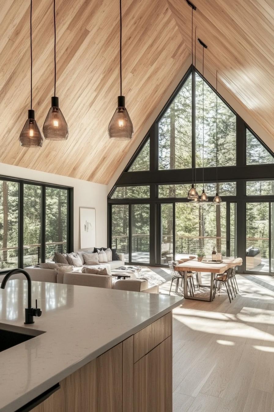 interior of an airy a frame house with light wood interior light natural wood ceiling white walls large windows with black trim open plan kitchen 1