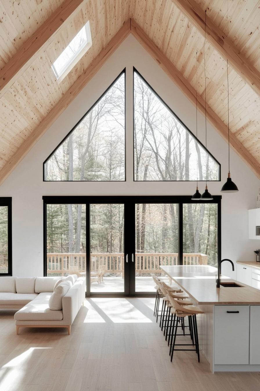 interior of an airy a frame house with light wood interior light natural wood ceiling white walls large windows with black trim open plan kitchen 2