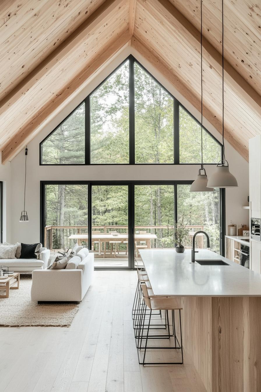 interior of an airy a frame house with light wood interior light natural wood ceiling white walls large windows with black trim open plan kitchen 3