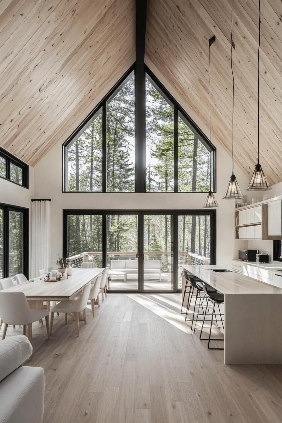 interior of an airy a frame house with light wood interior light natural wood ceiling white walls large windows with black trim open plan kitchen