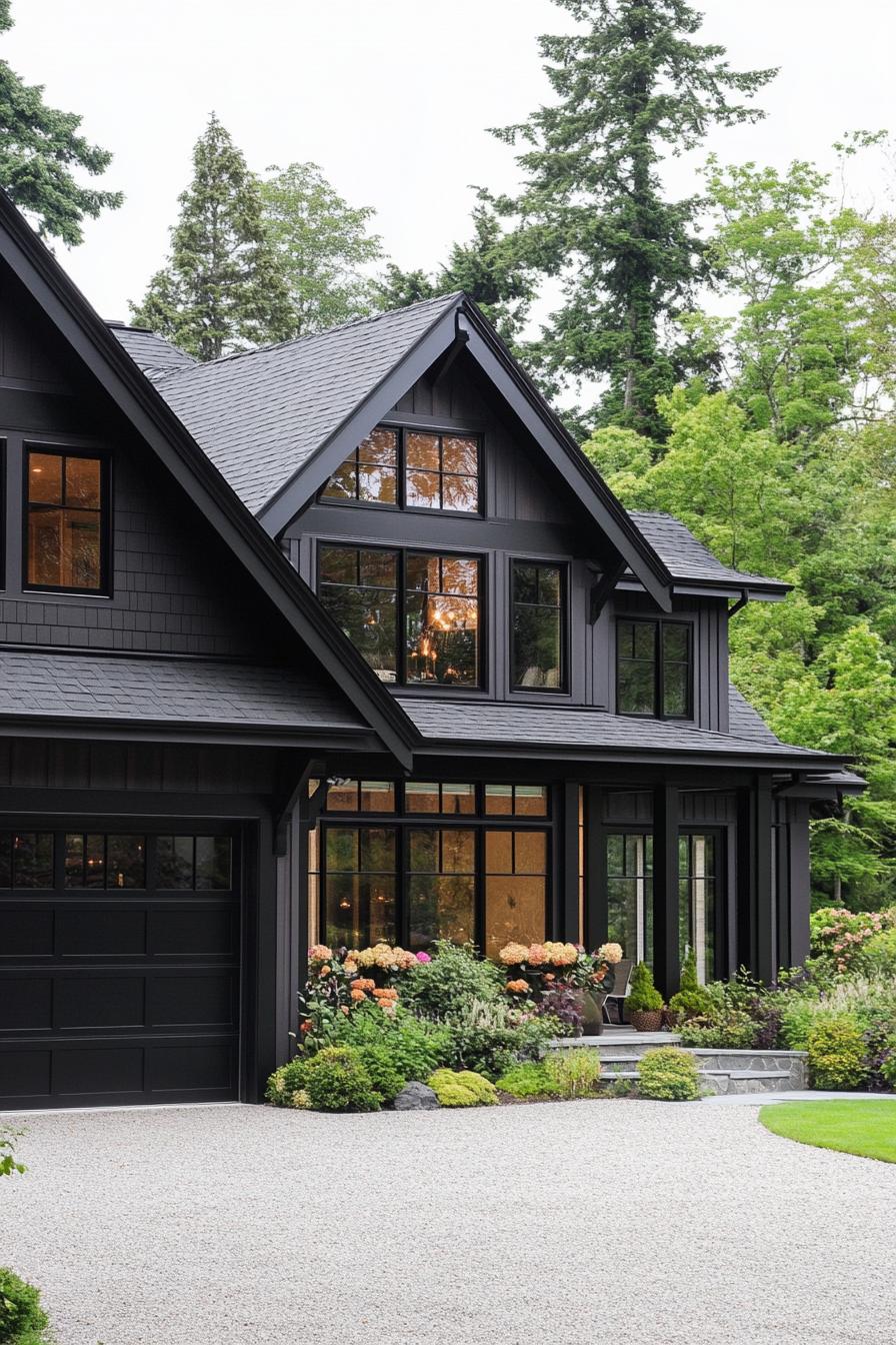 large modern farmhouse with dark wood siding black trim black multi pitched roof large windows with black trim black garage doors patio with beam 1