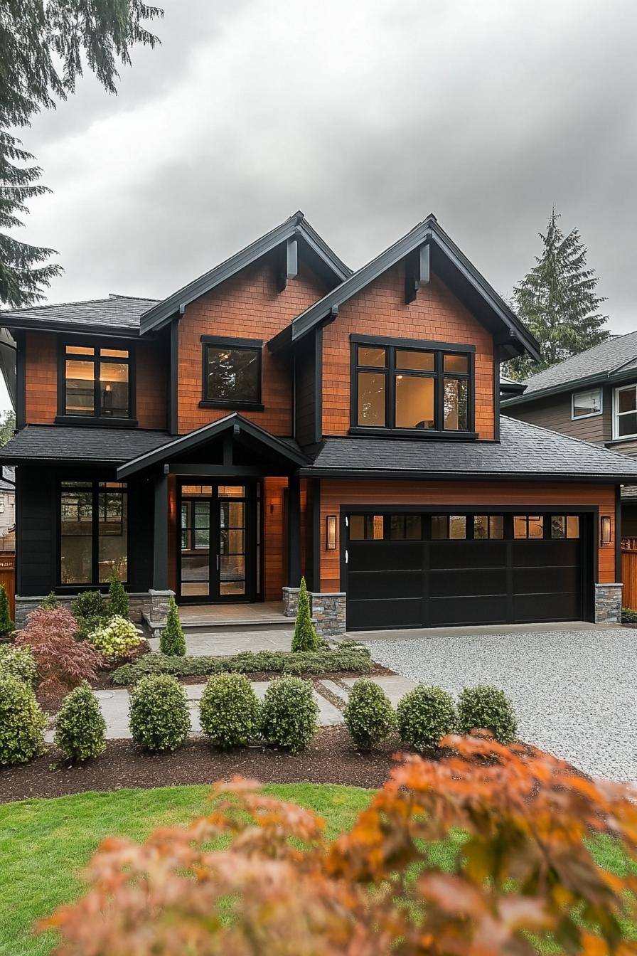 large modern farmhouse with dark wood siding black trim black multi pitched roof large windows with black trim black garage doors patio with beam 2