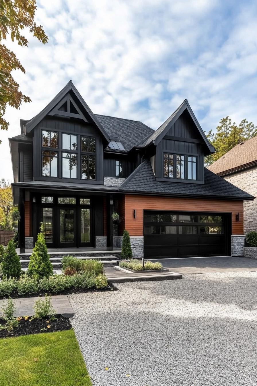 large modern farmhouse with dark wood siding black trim black multi pitched roof large windows with black trim black garage doors patio with beam 3