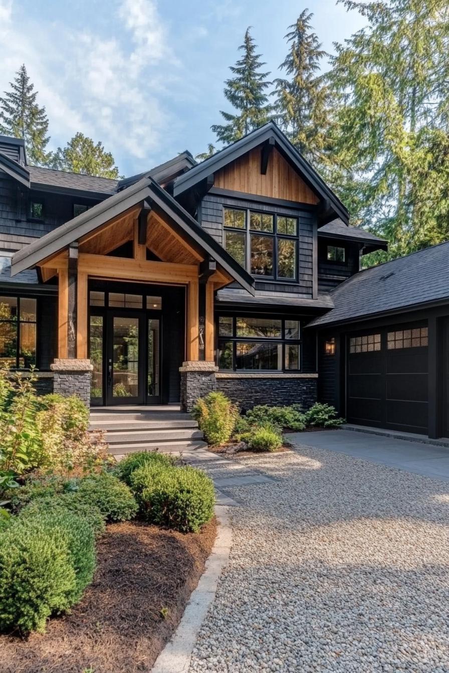 large modern farmhouse with dark wood siding black trim black multi pitched roof large windows with black trim black garage doors patio with beam