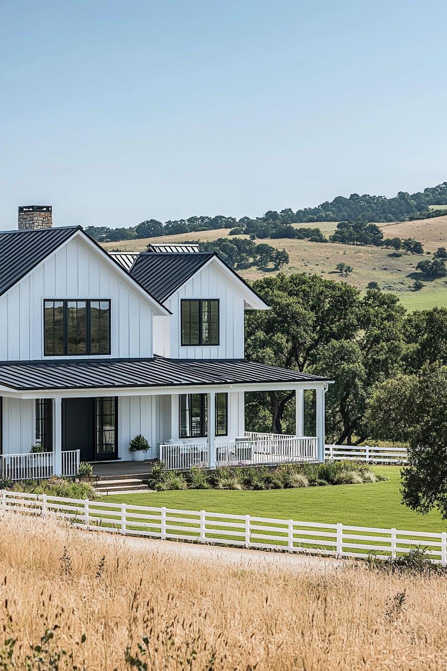 White house with black roof in pastoral setting